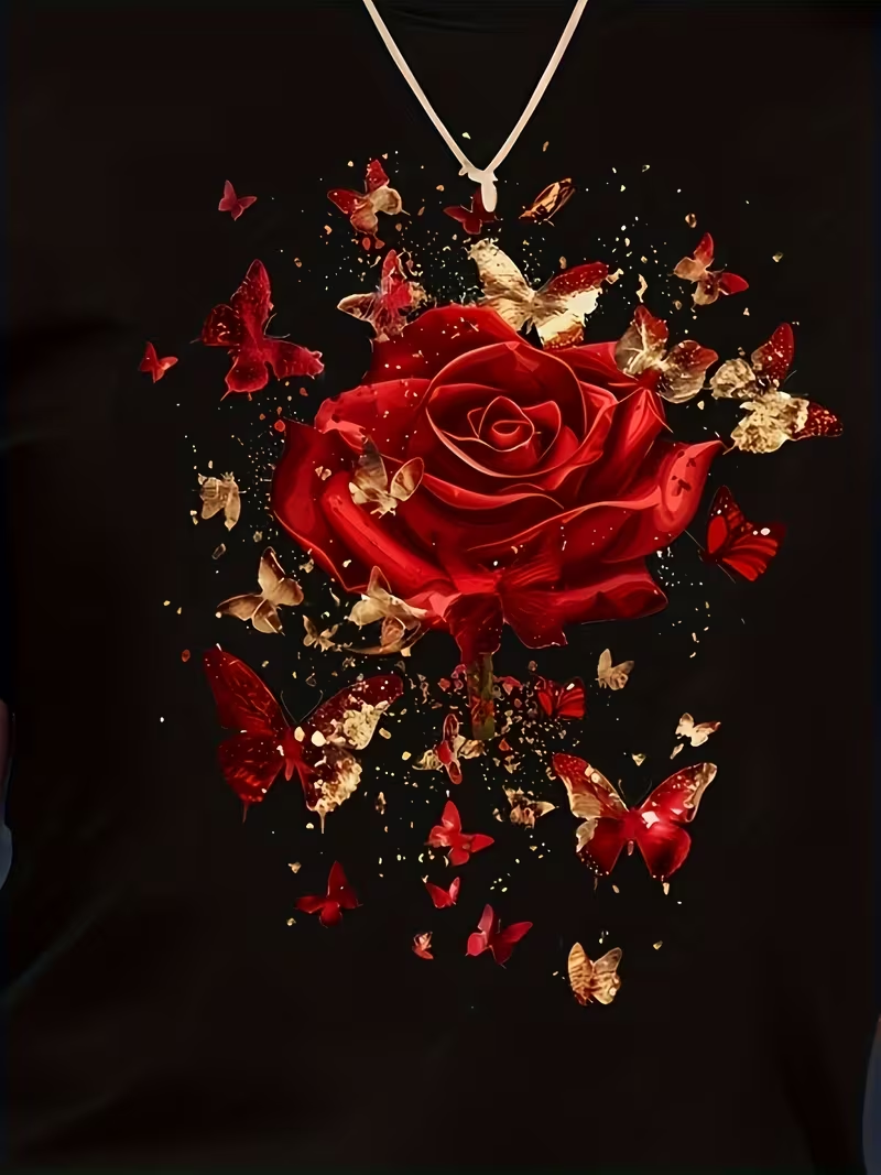 Women's Casual Athletic T-Shirt with Red Rose and Butterfly Floral Print