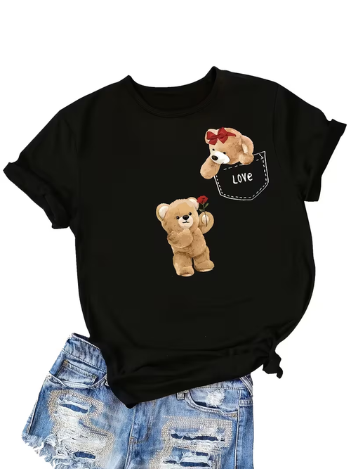Women's Black Cute Teddy Bear "LOVE" Graphic T-Shirt