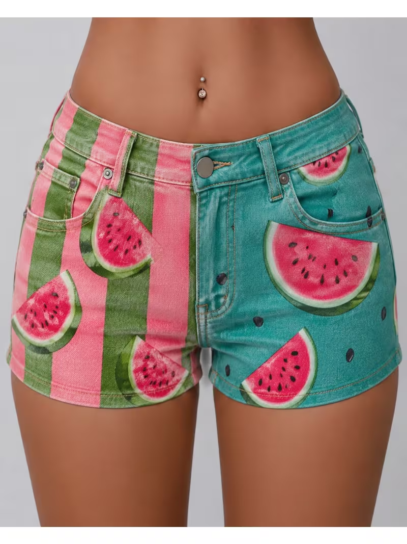 Women's low-rise, slim-fit denim shorts with watermelon print.