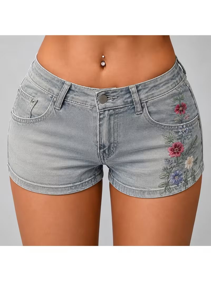 Women's Floral Faux-Embroidery Shorts – Light Blue Slim Fit