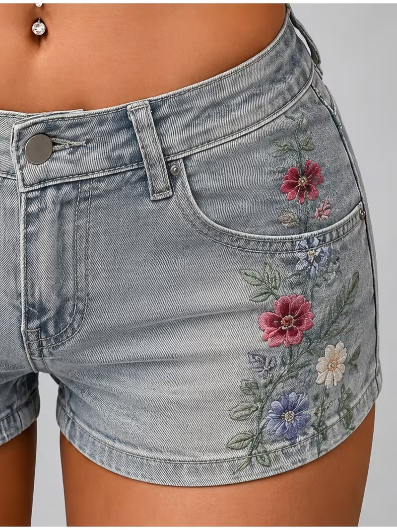 Women's Floral Faux-Embroidery Shorts – Light Blue Slim Fit