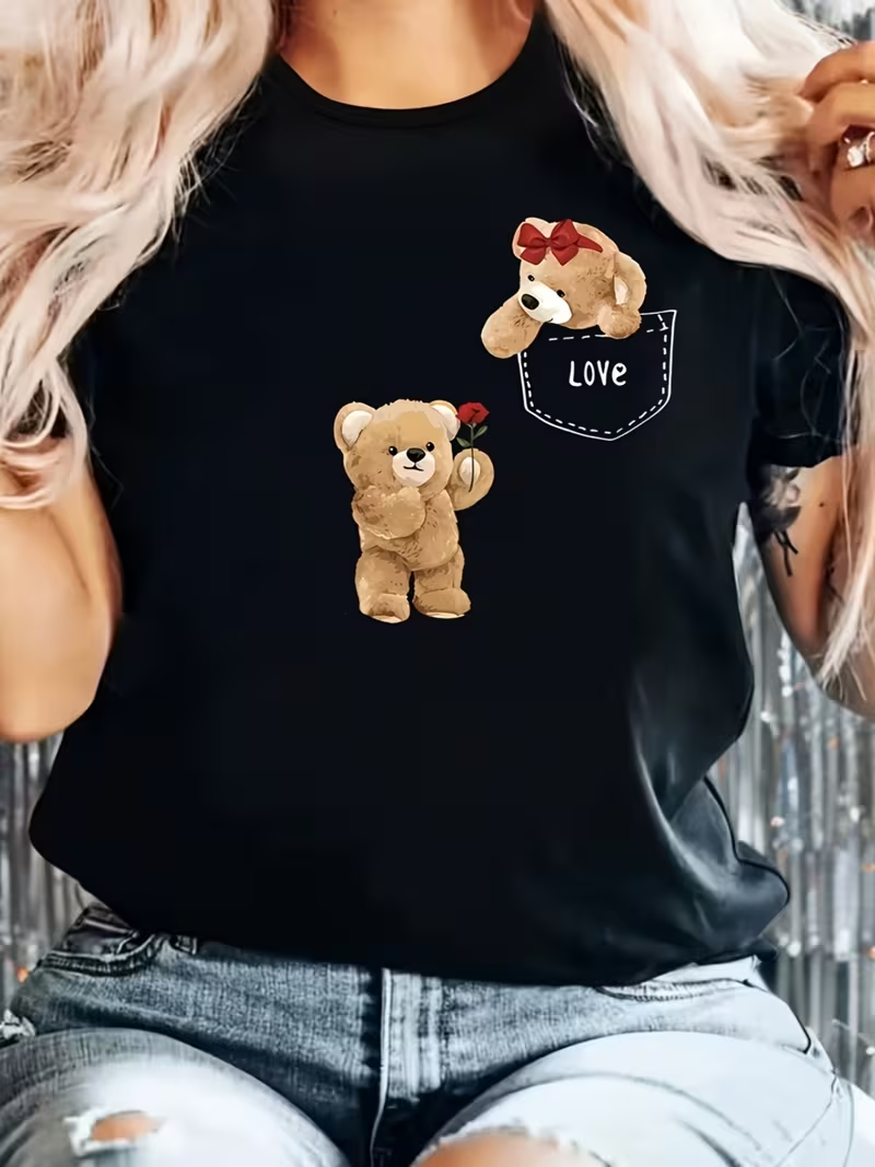 Women's Black Cute Teddy Bear "LOVE" Graphic T-Shirt