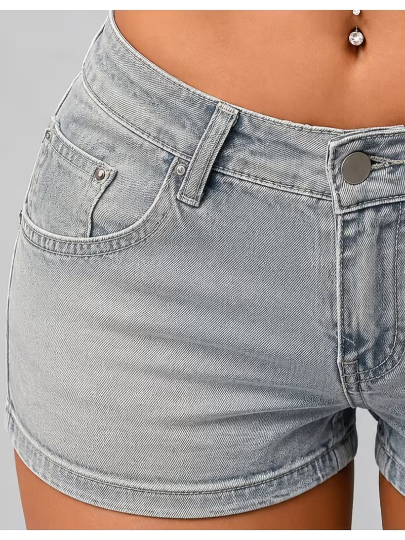 Women's Floral Faux-Embroidery Shorts – Light Blue Slim Fit