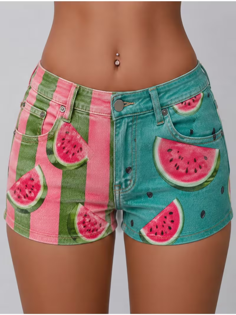 Women's low-rise, slim-fit denim shorts with watermelon print.