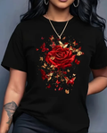 Women's Casual Athletic T-Shirt with Red Rose and Butterfly Floral Print