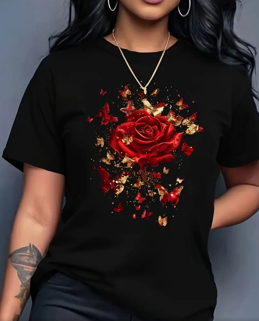 Women's Casual Athletic T-Shirt with Red Rose and Butterfly Floral Print